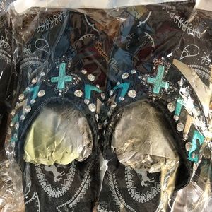 Black and turquoise jeweled flip flops